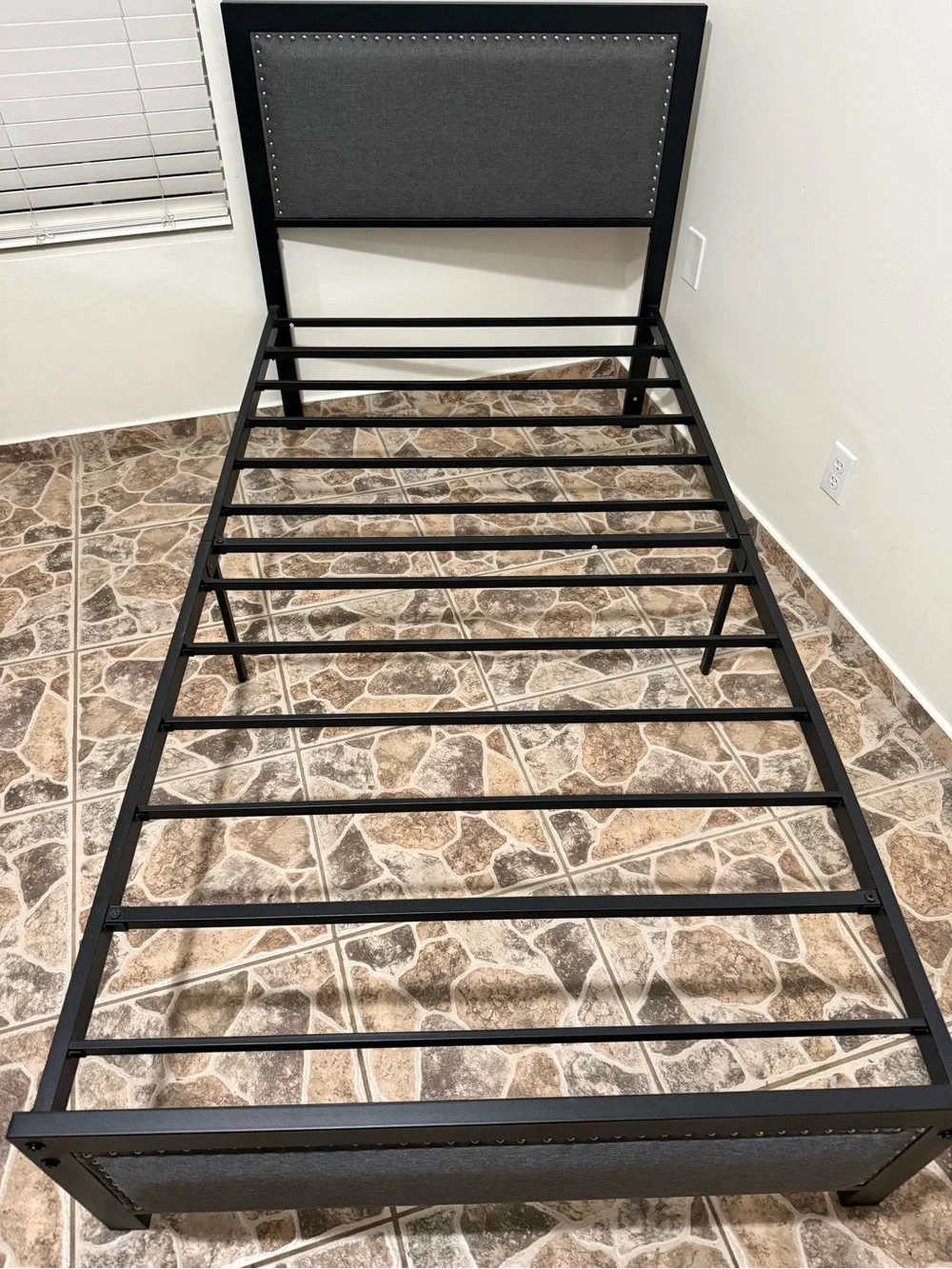Upholstered Metal Twin Bed Frame in Black and Gray